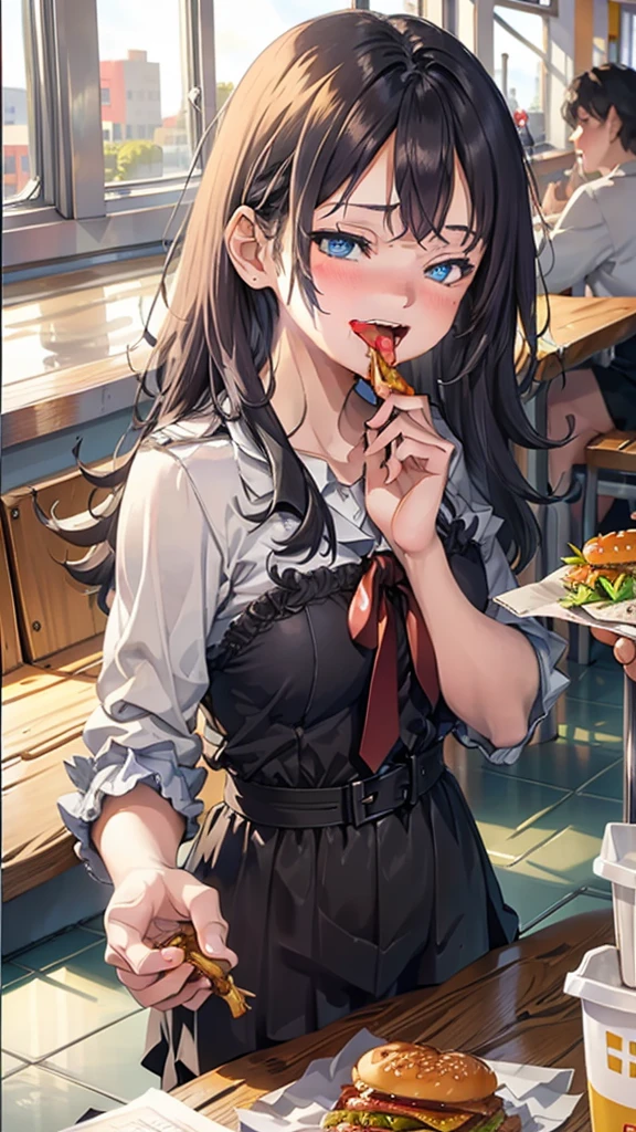 1 beauty,17-year-old high school girl, Watery Big Eyes,(Happy smile),long eyelasher, Blushlush,Black Perm Hair,At a table in a fast food restaurant, (Close your eyes, Smile and open your mouth wide), ((Gnawing on a grabbed hamburger with both hands)),(Eat cleanly)