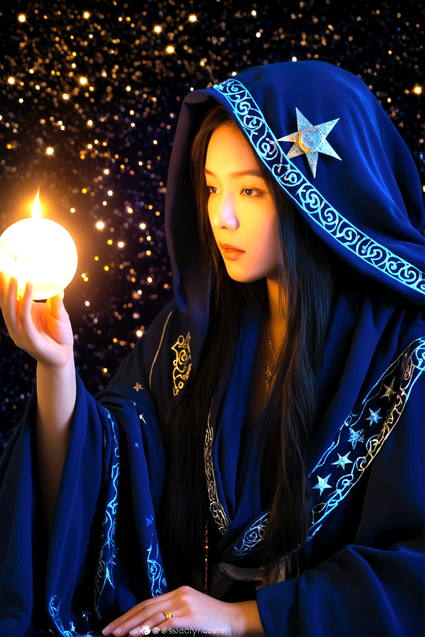Astrologer, mystery, ancient, Starry sky background, Hold a crystal ball, Staring into the distance, The cloak flutters, night, Candlelight, ancient书籍, Star motif, Magic Runes, mystery氛围, Detailed description, High quality details, Artistic effects