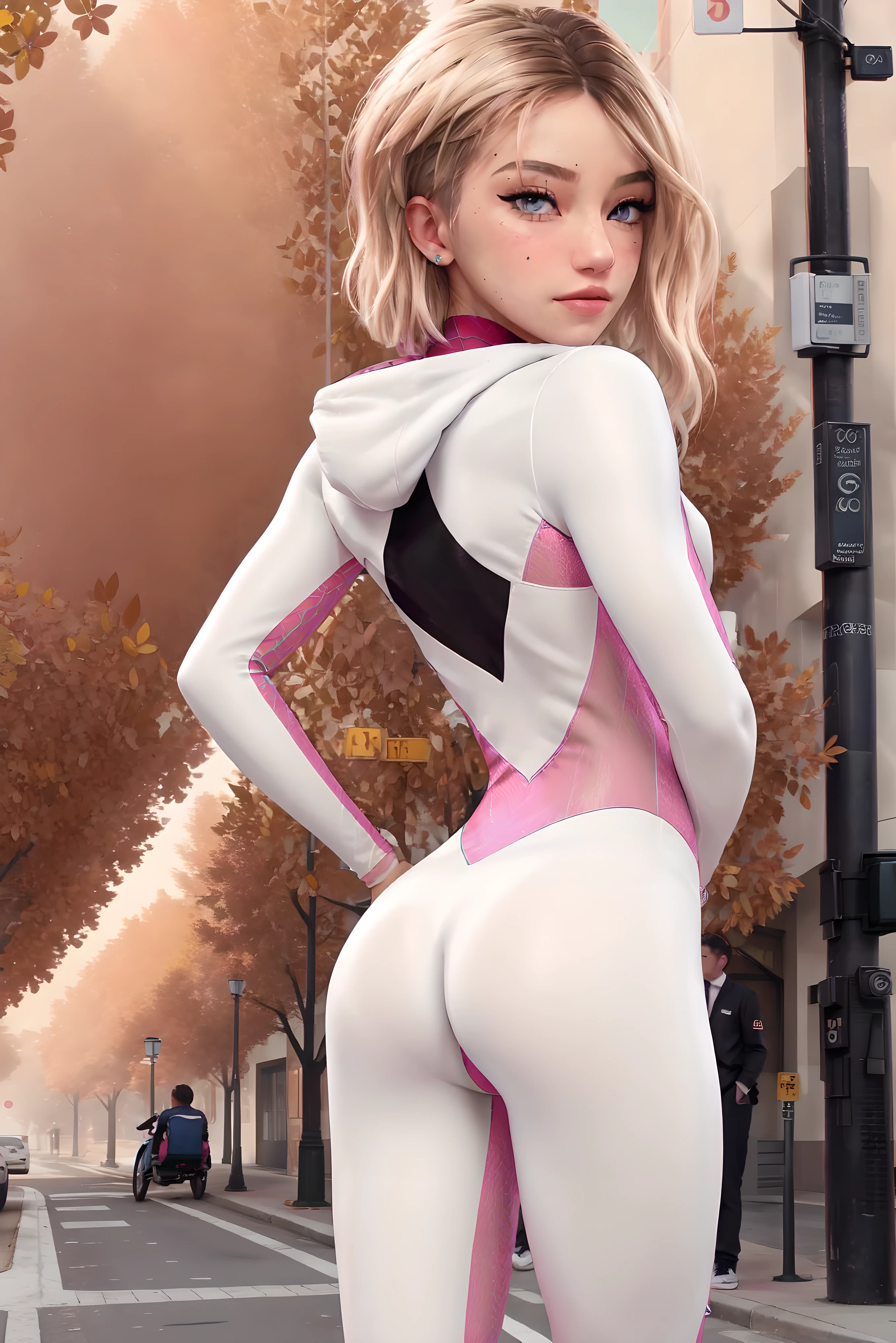 Gwen, young , human, standing, butt, spread butt, spread legs, tight pants, cameltoe , seductive, blush, on the street
