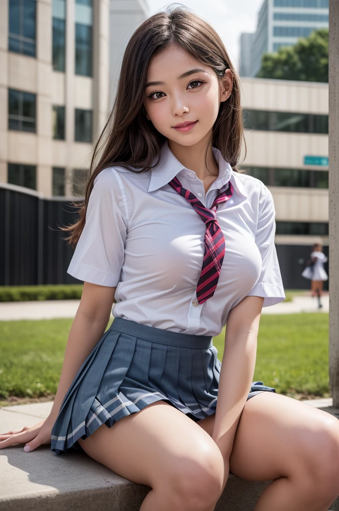 (1 girl), Amazing face and eyes, (big eyes:1.15), (หน้าสวยVery detailed), happy smile, (School uniform, pleated mini skirt:1.3), (School uniform with open ), (best quality:1.4), (Very detailed), (ultra realistic, Realistic photos:1.37), Leaves skin beautiful and clear, วอลล์เปเปอร์ CG รวม 8K ที่มีรายVery detailed, RAW photos, professional photography, movie light, sit, ม้าsit, Spread your legs, (no panties(Cleft of Venus:1.3), Twilight, sunset, garden, tree, flower, depth of field,