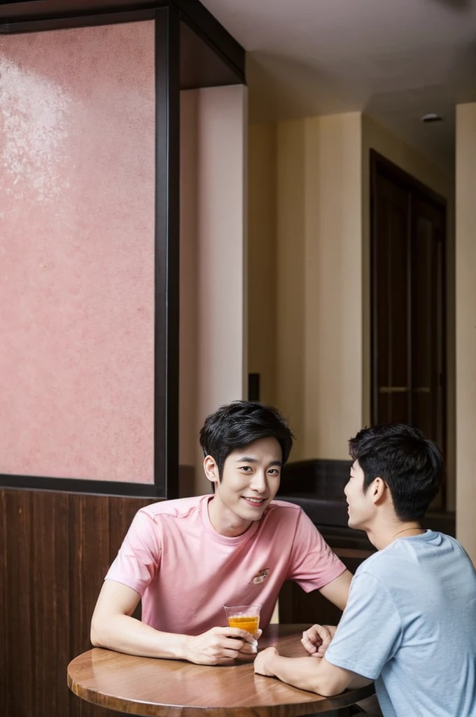 Korean man, Inspiration from Peng Yuyan, 30 years old, 236 years old, Cute Korean Face, 35 yo, 33 year old Korean muscular man,The dining room is in the back. pink t-shirt,