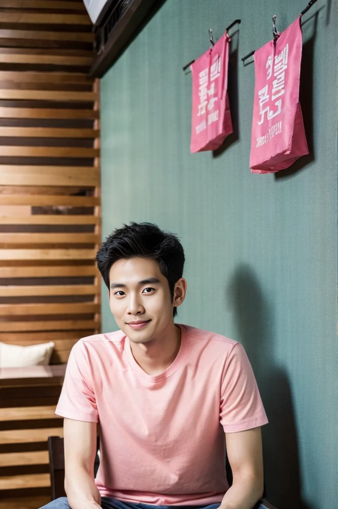 Korean man, Inspiration from Peng Yuyan, 30 years old, 236 years old, Cute Korean Face, 35 yo, 33 year old Korean muscular man,The dining room is in the back. pink t-shirt,
