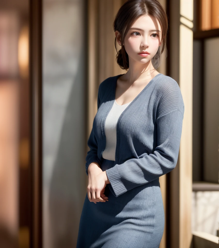 8K, of the highest quality, masutepiece:1.2), (Realistic, Photorealsitic:1.37), of the highest quality, masutepiece, Beautiful young woman, Pensive expression, Thoughtful look, Elegantly dressed, Hair tied back, Messy mood, Cinematic background, Tired, Light skin tone