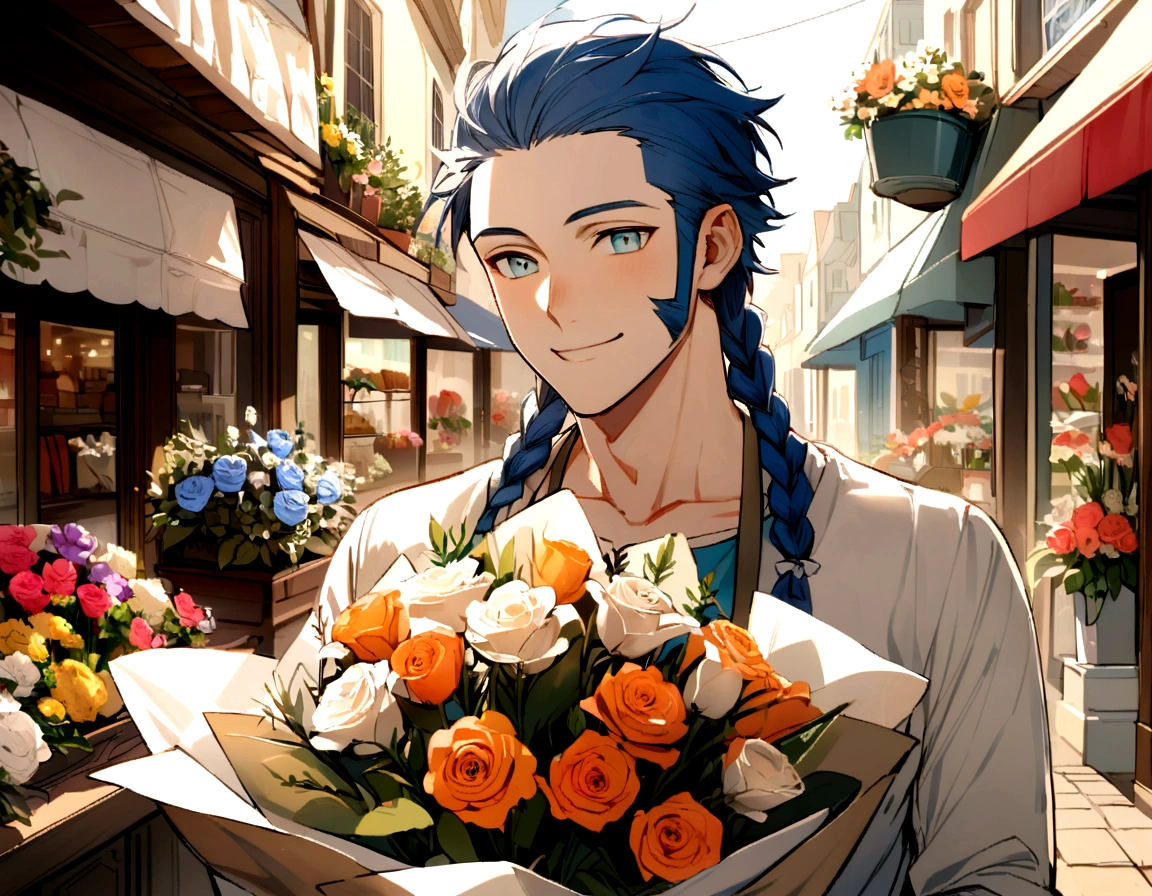 A young man, Hair that is blue at the hairline with a light blue gradient toward the ends, The sideburns are in braids, smiling, Silver eye color, bouquet of flowers, flower shop