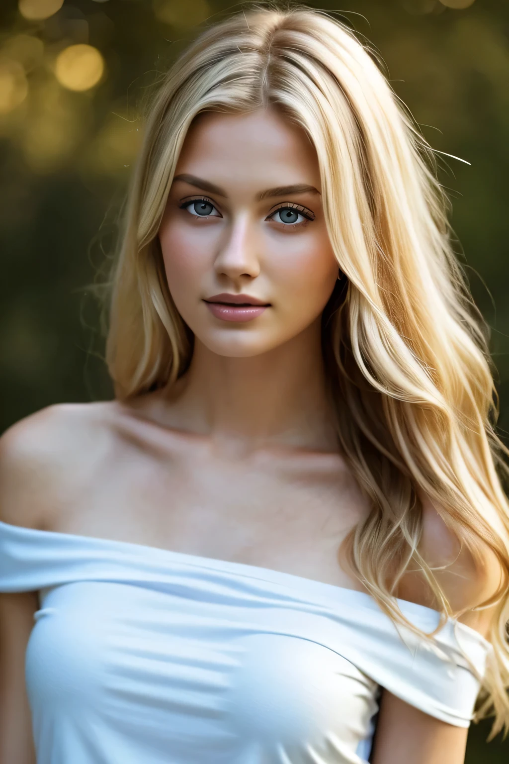 1girl em, age19, standing alone, long hair, Colossal tits, Looking at Viewer, blondie hair, bareshoulders, jewelly, fully body, (extremely detailed 8k wallpaper), soft lighting, high qualiy, filmic grain, Fujifilm XT3 sharp focus, f 5.6, High detail, sharp focus,(naturallight), (closeup:1.2), (seducer), off the shoulders T-shirt, Realistic, Um sexy