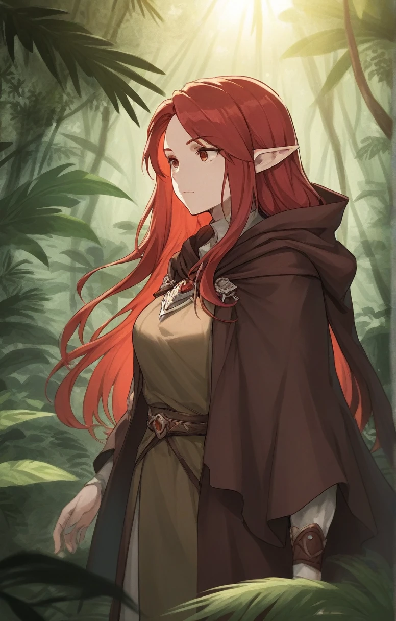 half elf, mature woman, dnd, adventurer, brown cloak, elegant, long red hair, flat chest, hood on, jungle , sun light