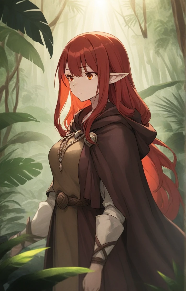 half elf, mature woman, dnd, adventurer, brown cloak, elegant, long red hair, flat chest, hood on, jungle , sun light