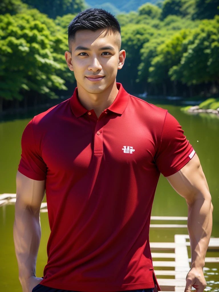 (Create a masterpiece: 1.2),(CGI art:1.3),(realistic:1.5),(After processing:1.3),(Sharp focus:1.3),10,1 man, smile, (Wear a crimson polo shirt.), Navy cargo pants, Korean guy , korean men, (High gloss details), chest muscles, large arm muscles, blood vessel, Big muscles, Broad shoulders, looking at the audience, Balancing the eyes, rice field