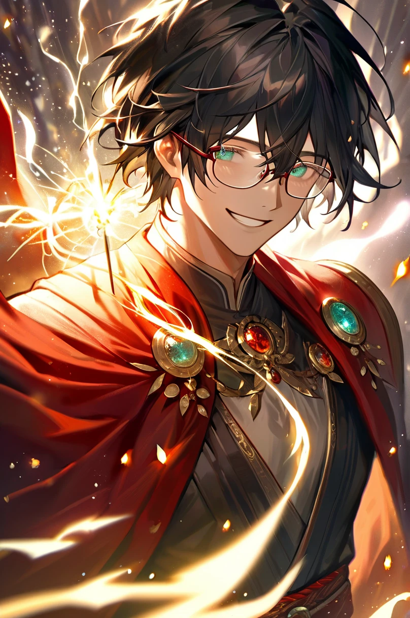 masterpiece, best quality, 1 male, young, tall muscular, handsome, finely detailed eyes, intricate details, black hair, short hair, smile, solo, upper body, detailed background, detailed face, good sorcerer, color magical robes, determined expression, white color scheme, dark crimson light, glowing magical runes, realistic lighting, floating particles, sparks, surrounded by gold lightning red arcane symbols, corrupted by eldritch power, bloom, glasses