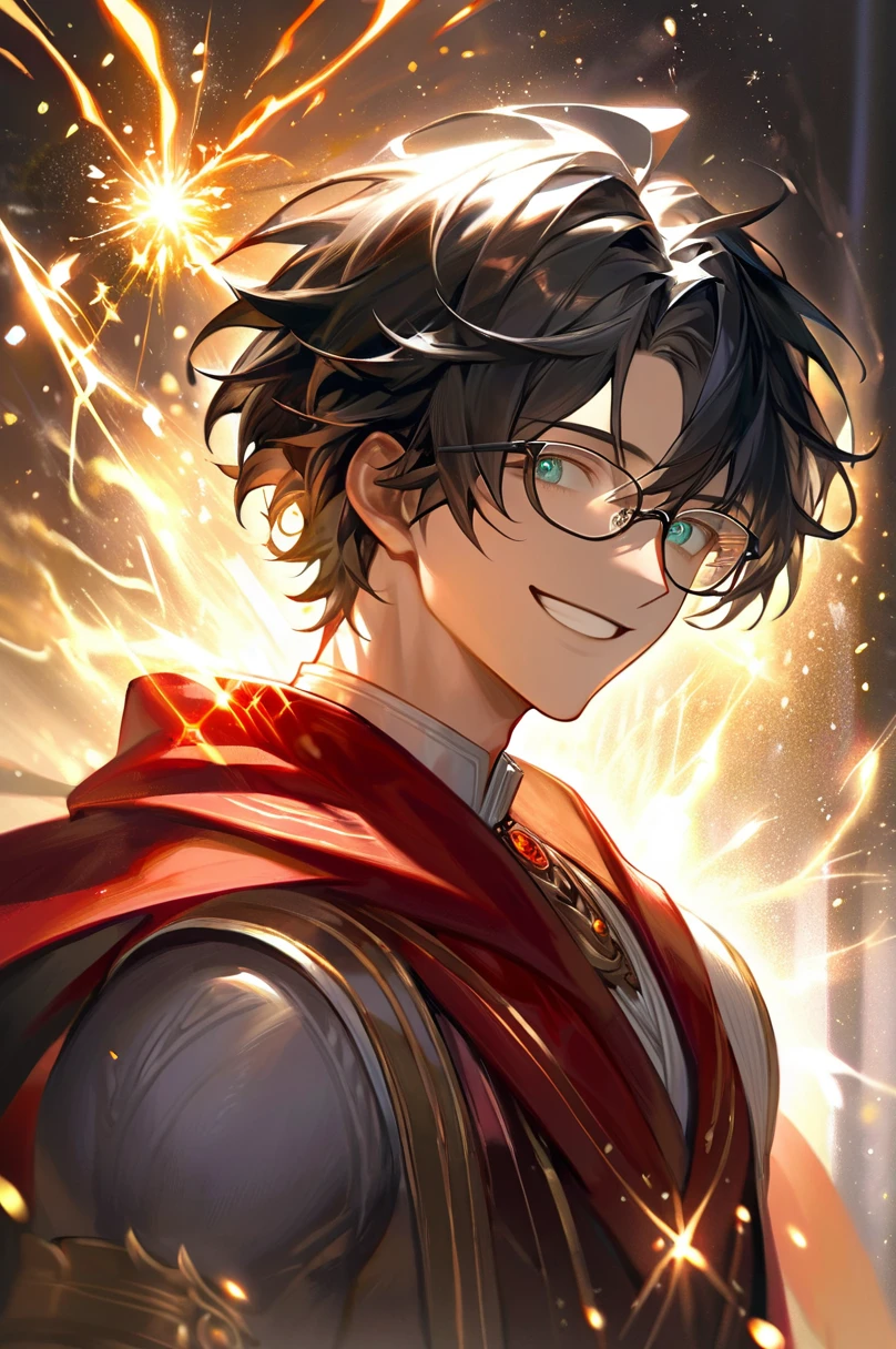 masterpiece, best quality, 1 male, young, tall muscular, handsome, finely detailed eyes, intricate details, black hair, short hair, smile, solo, upper body, detailed background, detailed face, good sorcerer, color magical robes, determined expression, white color scheme, dark crimson light, glowing magical runes, realistic lighting, floating particles, sparks, surrounded by gold lightning red arcane symbols, corrupted by eldritch power, bloom, glasses
