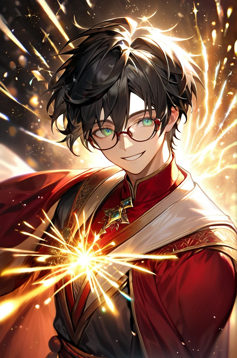 masterpiece, best quality, 1 male, young, tall muscular, handsome, finely detailed eyes, intricate details, black hair, short hair, smile, solo, upper body, detailed background, detailed face, good sorcerer, color magical robes, determined expression, white color scheme, dark crimson light, glowing magical runes, realistic lighting, floating particles, sparks, surrounded by gold lightning red arcane symbols, corrupted by eldritch power, bloom, glasses