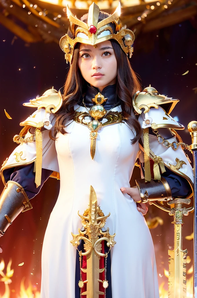 (masutepiece), Professional , ​masterpiece、top-quality、photos realistic , depth of fields ,（Wind element），close-up，dream magical，tornado，Lightning，（Gemstone Gold Jewel Body:1.６),(Matte White、Jewel Gold Weapon_、（Metal:1.４),Gorgeous Jewel Metal Weapons ,(( Detailed Sword of the Brave)) ,（Stand in front of the dragon）、（magic circleagic Chanting）、  Castle background  ,warhammer 40k , adepta sororitas,Wear a gorgeous jewel helmet with attention to detail、Brown hair、（(Gangle's forest background))、Beautiful Caucasian beauty、１a person、dynamic ungle,(((Legendary Armor Jewelry Helmet)))、Particles of light、cleavage of the breast、Battle Pose、Mystical expression、