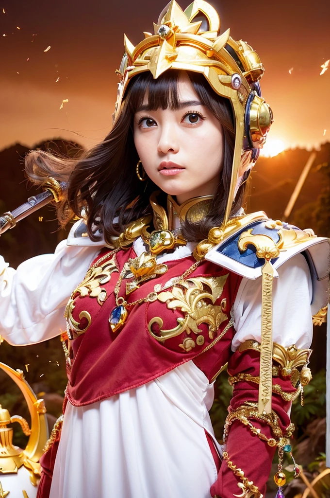 (masutepiece), Professional , masterpiece、top-quality、photos realistic , depth of fields ,(Wind element),close-up,dream magical,tornado,Lightning,(Gemstone Gold Jewel Body:1.6),(Matte White、Jewel Gold Weapon_、(Metal:1.4),Gorgeous Jewel Metal Weapons ,(( Detailed Sword of the Brave)) ,(Stand in front of the dragon)、(magic circleagic Chanting)、 Castle background ,warhammer 40k , adepta sororitas,Wear a gorgeous jewel helmet with attention to detail、Brown hair、((Gangle's forest background))、Beautiful Caucasian beauty、1a person、dynamic ungle,(((Legendary Armor Jewelry Helmet)))、Particles of light、cleavage of the breast、Battle Pose、Mystical expression、