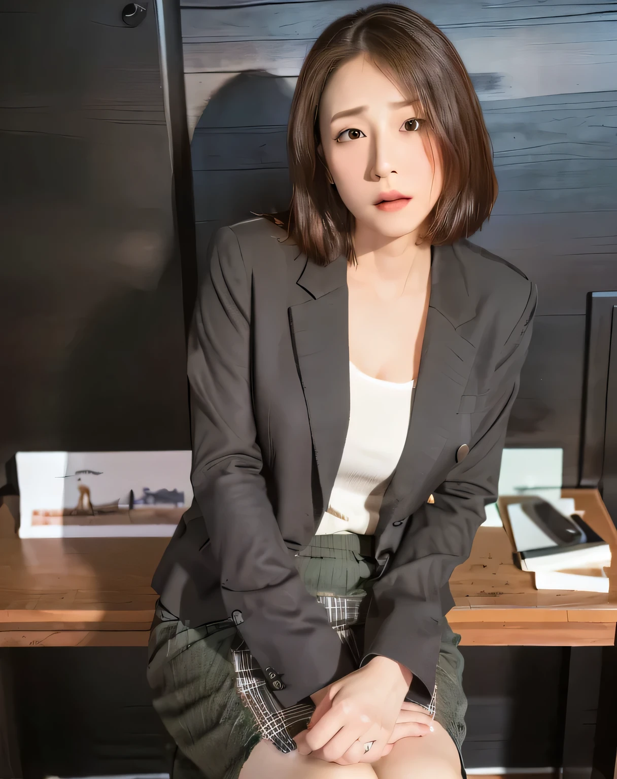 (masterpiece、Highest quality、high resolution、Ultra-high resolution,In 8K), (Raw photo:1.2), (Photorealistic:1.4), (Beautiful girls,Sexy Actress,Japanese、cute、alone),A woman in distress and despair,Beautiful and gentle photo of a woman tired both physically and mentally、young、Office Suits、Formal attire、Her emotional landscape reflects her psyche、Cold wind blows、autumn、Japanese、Professional photography、Sexy face、Obedient face,Open jacket, office lady, Grey Suit, skirt