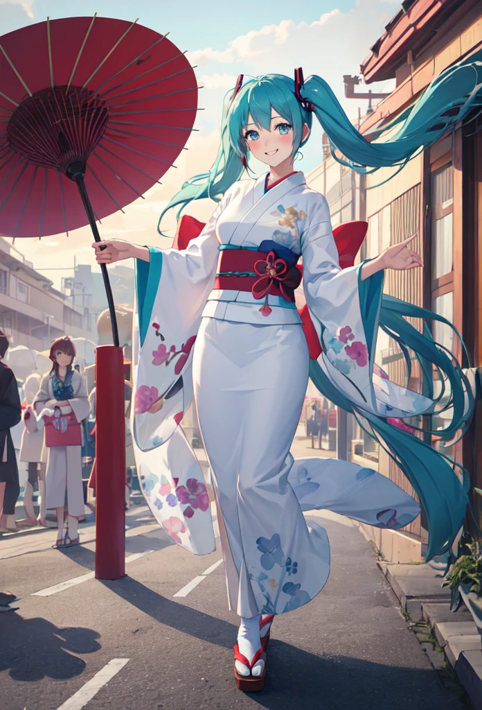 best quality, masterpiece, high resolution, solitary, (Hatsune_future_Blue File:1.10), 1 girl, Wide sleeves, Long sleeve, Looking at the audience, Heart, blush, flowering, Smile, Holding an umbrella, Oil-paper umbrella, outdoor, Floral, White Kimono, Residence, Printed Kimono, 14 ，Dance，full-body shot