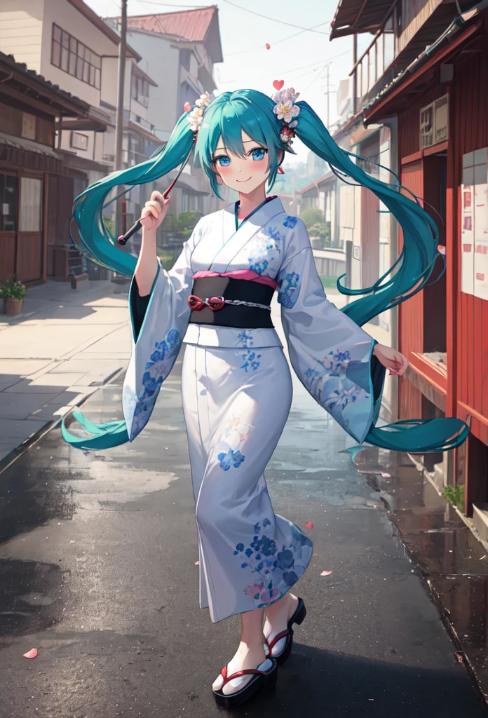 best quality, masterpiece, high resolution, solitary, (Hatsune_future_Blue File:1.10), 1 girl, Wide sleeves, Long sleeve, Looking at the audience, Heart, blush, flowering, Smile, Holding an umbrella, Oil-paper umbrella, outdoor, Floral, White Kimono, Residence, Printed Kimono, 14 ，Dance，full-body shot