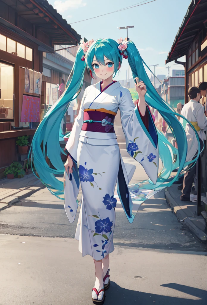 best quality, masterpiece, high resolution, solitary, (Hatsune_future_Blue File:1.10), 1 girl, Wide sleeves, Long sleeve, Looking at the audience, Heart, blush, flowering, Smile, Holding an umbrella, Oil-paper umbrella, outdoor, Floral, White Kimono, Residence, Printed Kimono, ,Dance,full-body shot