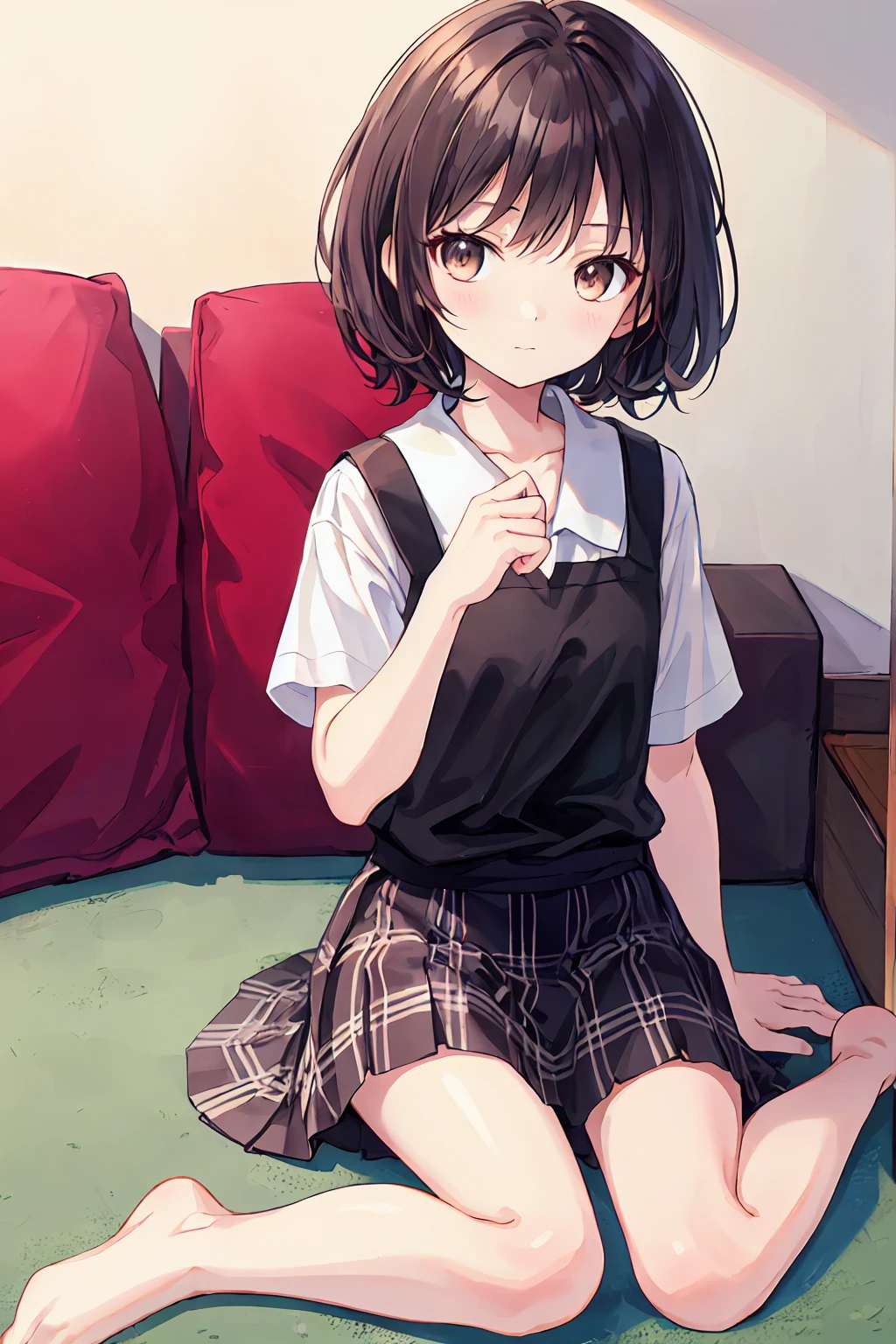 ()，Highest quality，Beautiful face in every detail，cute，Dark brown eyes，(背の低いcute女の子，Littlg and delicate girl）,（masterpiece，Highest quality)，Black Hair，Sleepy look，Short sleeve white shirt，Plaid white skirt，Pitiful，Pitiful，Pitiful，Anatomically correct，Beautifully shaped feet