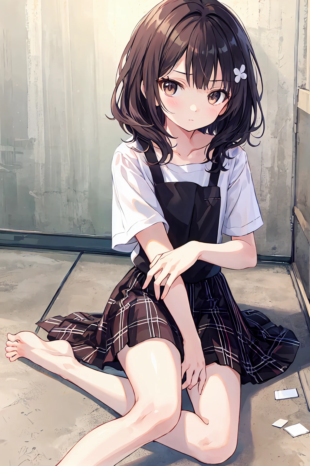 (child),Highest quality,Beautiful face in every detail,cute,Dark brown eyes,(背の低いcute女の子,Little young student,Young and delicate girl),(masterpiece,Highest quality),Black Hair,Sleepy look,Short sleeve white shirt,Plaid white skirt,Pitiful,Pitiful,Pitiful,Anatomically correct,Beautifully shaped feet