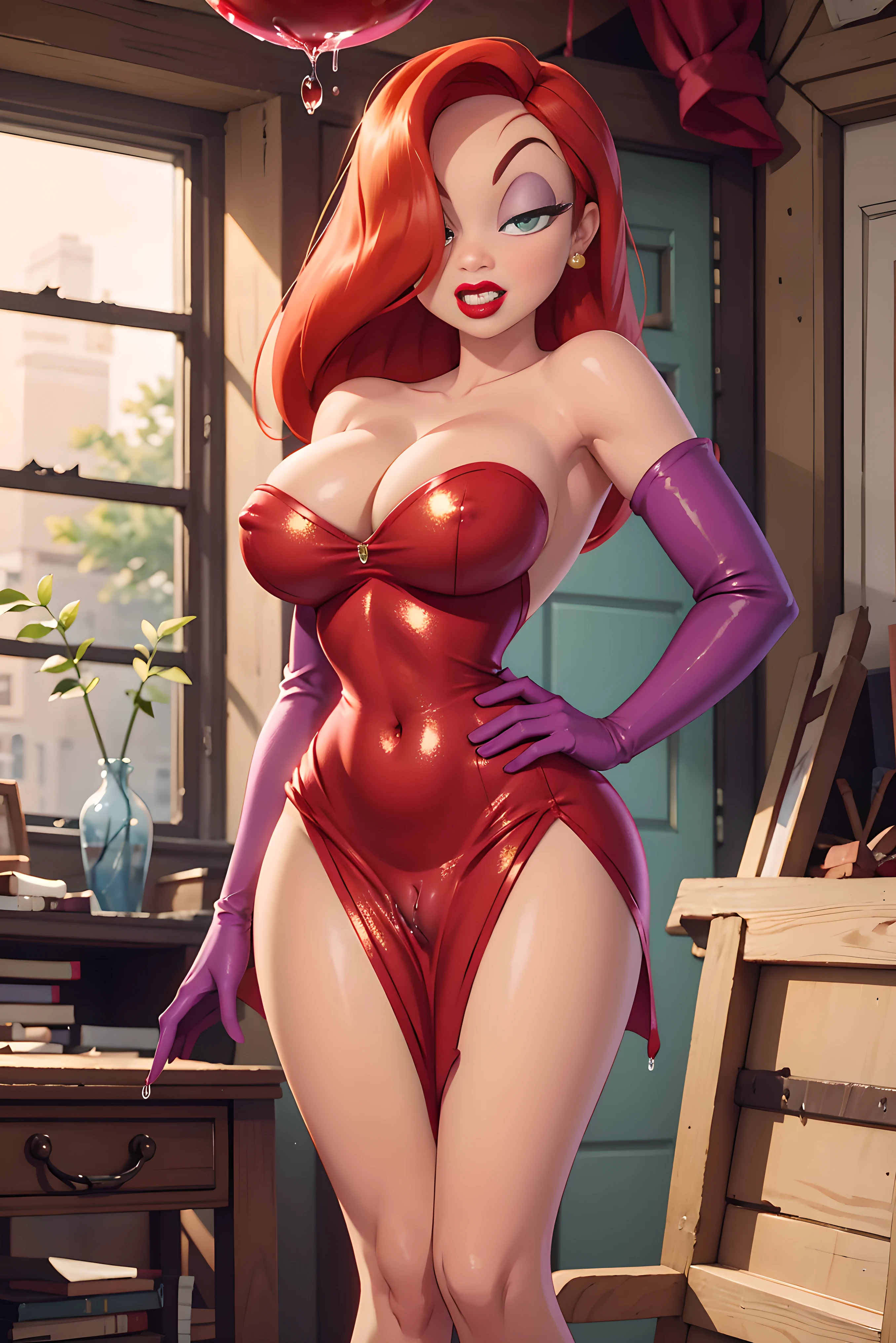 Masterpiece, hd, full detailed, jessica rabbit, sideless red dress, glitter dress, purple sleeve gloves, red hair, detailed eyes, perfect eyes, green eyes, pink eye make up, red lipstick, cleavage, seductive look, looking at viewer, presenting pussy, spread pussy, pubic hair, pussy, cum dripping