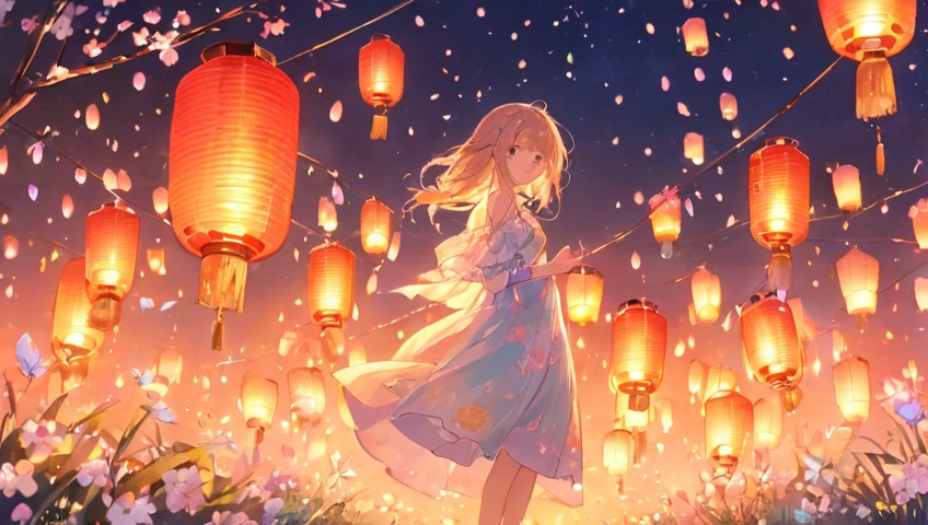 A girl, Luminous design, Pastel colors, Ink drops, Spring lanterns,whole body,background
