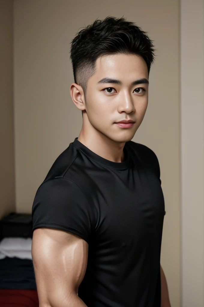 Masterpiece, best quality, high resolution, realistic, handsome, Take beautiful photos, Sayk, NRF, Photo of the 35 year old gym association (man:1.2) Portrait, standing in bedroom , make military media, weight, Amazing , Buzzcut short hair,stubble head , (Hyper Muscle),looking at the audience, Flirt with the camera, charming, (Tight black exercise shirt ),(GS-Male:1), 8K,Bokeh,Portrait,look at the viewer,