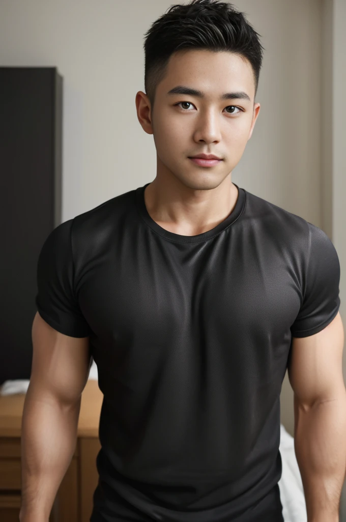 Masterpiece, best quality, high resolution, realistic, handsome, Take beautiful photos, Sayk, NRF, Photo of the 35 year old gym association (man:1.2) Portrait, standing in bedroom , make military media, weight, Amazing , Buzzcut short hair,stubble head , (Hyper Muscle),looking at the audience, Flirt with the camera, charming, (Tight black exercise shirt ),(GS-Male:1), 8K,Bokeh,Portrait,look at the viewer,