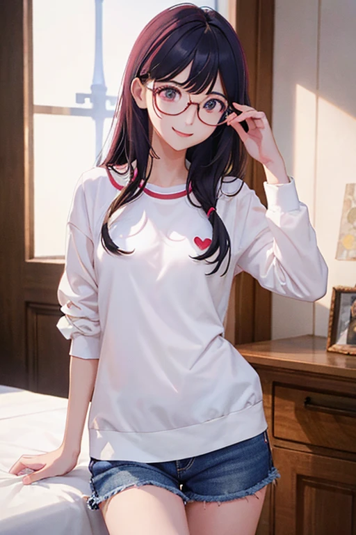 Highest quality、masterpiece、High sensitivity、High resolution、Detailed Description、Slender women、Slim Body、Glasses、Casual clothes、Heart shape in hand、smile、