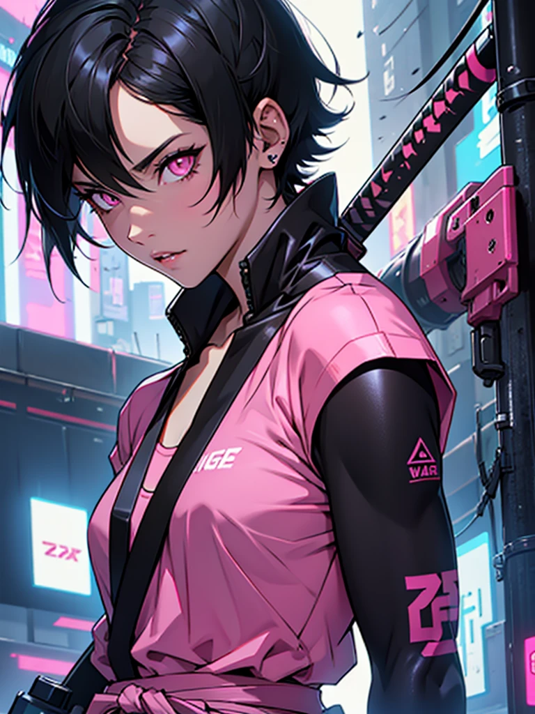 Girl; black hair; short hair; pink eyes; katana ; cyberpunk
