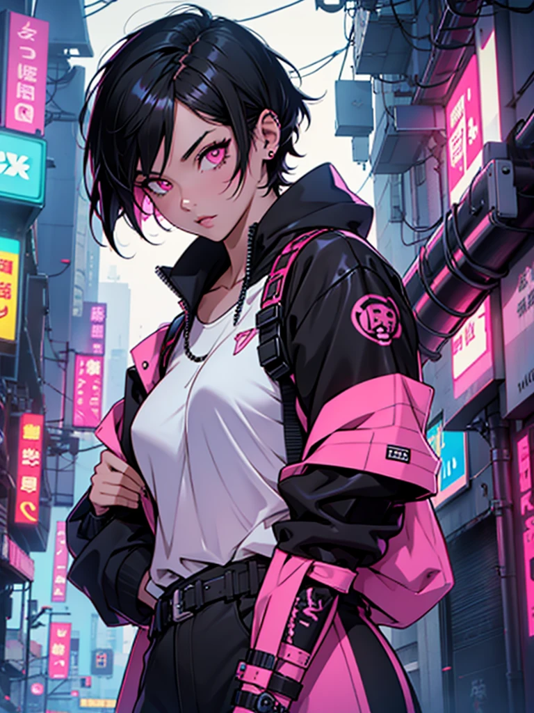 Girl; black hair; short hair; pink eyes; katana ; cyberpunk