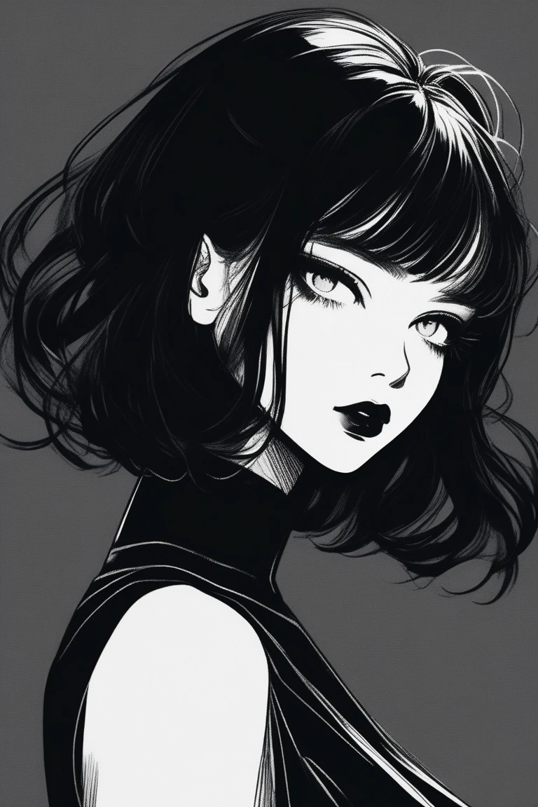 (Highest quality, sketch:1.2),Realistic,Illustrator,anime,1 Girl, Detailed lips, Black Dress,custom, (Background dark monochrome), Black Hair,Texture Cropping, masterpiece, Style: Retro Classic, Dark Black, art, sketch book, (Bob Hair Black:1.75 Neon:1.32), bad woman , Dark Shadows 