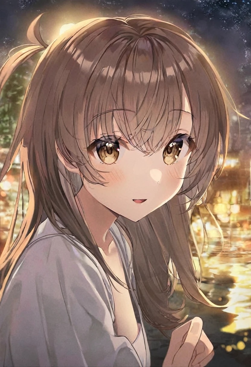 girl.Her hair is brown.Beautiful eyes.Hazel eyes.At night time.
Brown flowing hair. I grow..happy.Quiet.