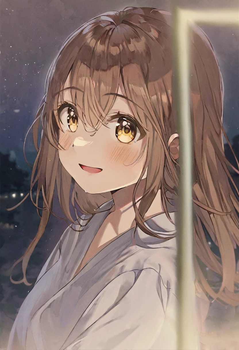 girl.Her hair is brown.Beautiful eyes.Hazel eyes.At night time.
Brown flowing hair. I grow..happy.Quiet.