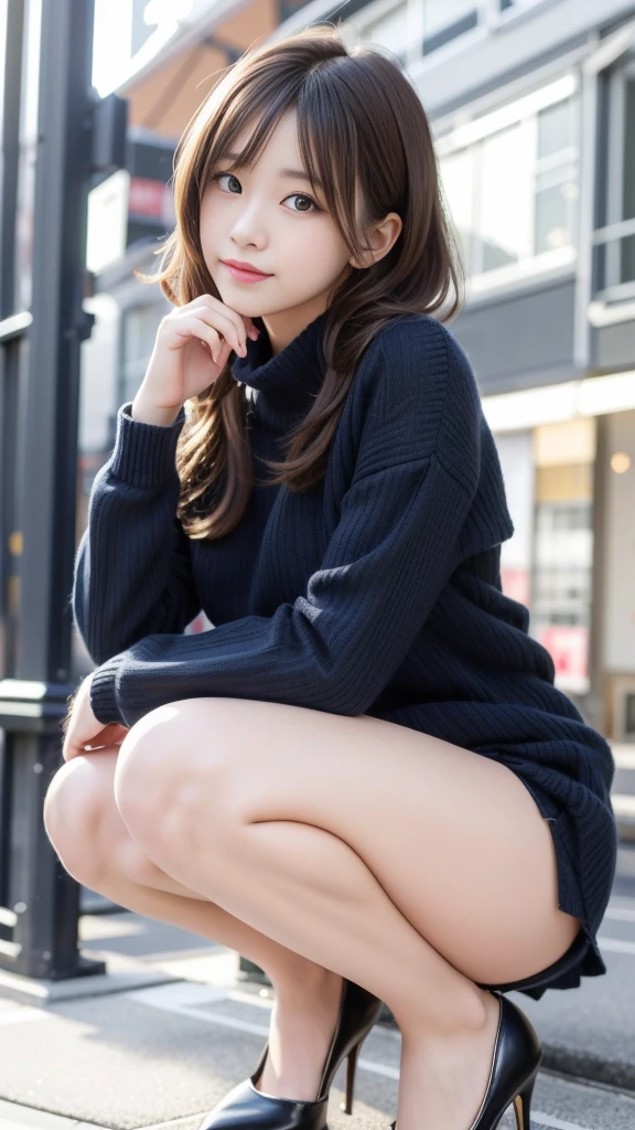 Photos taken by a professional photographer,Close-up of a woman squatting on the sidewalk with her legs crossed, Kiko Mizuhara, Wear a sweater, Shirahime cuts her brown hair, Wear a sweater, Young and pretty girl, Japanese Model, 白いWear a sweater, Chiho, ランダムカラーのカジュアルなWear a sweater,Cute eyed waves for short hair, a Cute young woman, Cute young woman, Black Pantyhose,black tights,Black high heels,