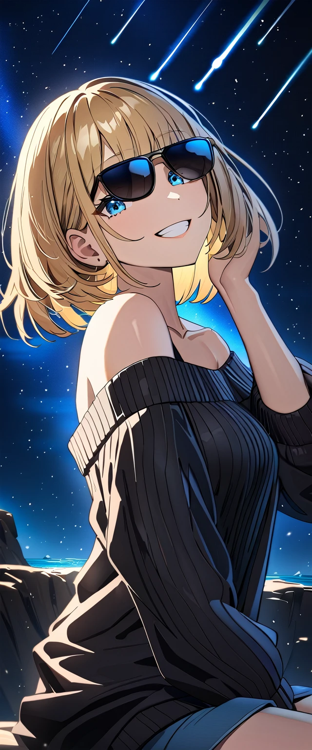 ((grin)), ((off-shoulder sweater:1.3, Quite thick shoulder straps)), ((black sweater)), ((blond hair, bob cut:1.3)), ((sunglasses, hand to sunglasses)), (((from side))), ((((upper body)))), ((Leaning to side)), (((A meteor shower dancing in the night sky, countless stars twinkling in the clear air))), ((sitting on the very high cliff)), wavy hair, inward curled hair, ((sea)), breasts, ager, (looking at viewer), oversized clothes, puffy long sleeves, collarbone, head tilt:1.3, (((blue eyes))), happy smile, (((anime style))), (best quality, 4K, 8K, highres, masterpiece:1.2, ultra-detailed, ultra-detailed eyes, HDR, uhd, studio lighting, ultra-fine painting, sharp focus, physically-based rendering, extreme detail description, professional, vivid colors, bokeh)