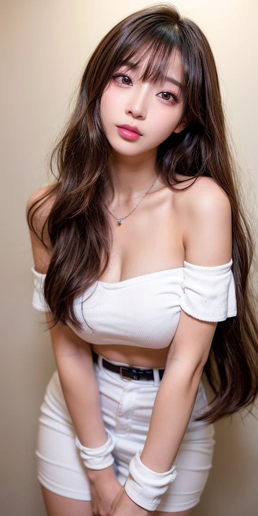Canon RF85mmf/1.2,masterpiece,Highest quality,Ultra-high resolution,VC,1 Girl,(Korean mixed race,K-Pop Idols:1.2),alone,white_Shiny_skin,Iris,necklace,((brown_length_Wavy_hair)),((pink_Shiny_lips)),eyelash,前hair,make,compensate,Shiny,pore,skin texture,bracelet,Off the shoulder,See-through,Big Breasts