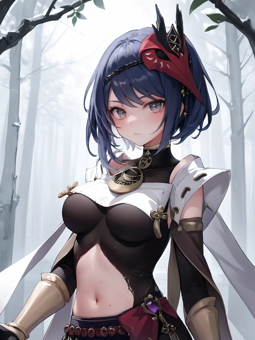 Nine-stripe leno|Genshin Impact, ((best quality)), ((masterpiece)), (detail:1.4), navel,forest,rain,wet,Detailed portrait of anime girl