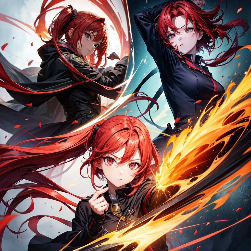 Generate an image of an anime character with red hair and eyes of different colors, the left yellow and the right red, wearing a black suit, studying physics
