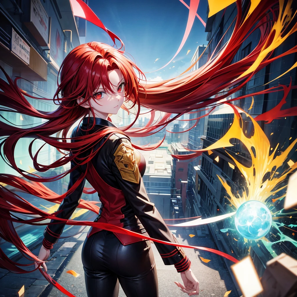 Generate an image of an anime character with red hair and eyes of different colors, the left yellow and the right red, wearing a black suit, studying physics