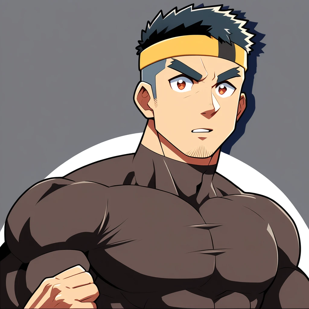 anime characters:Gyee, Muscle Sports Student, Manliness, sports headband, male focus, Cute boy with big eyes, Brown high collar long sleeve tight T-shirt, Slightly transparent material, Very tight, Round, full and perky chest muscles, Slightly transparent, muscular male, muscular, only, Upper body, alone, Black short hair, Thick eyebrows, stubble, Cute little eyes, Brown-red pupils, Grey background, simple background, amazing quality, best aesthetics, Ridiculous, crew cut, parted lips, v-shaped eyebrows, jitome, drop shadow, best quality