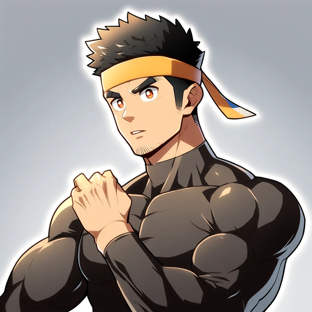 anime characters：Gyee, Muscle Sports Student, Manliness, sports headband, male focus, Cute boy with big eyes, Brown high collar long sleeve tight T-shirt, Slightly transparent material, Very tight, Round, full and perky chest muscles, Slightly transparent, muscular male, muscular, only, Upper body, alone, Black short hair, Thick eyebrows, stubble, Cute little eyes, Brown-red pupils, Grey background, simple background, amazing quality, best aesthetics, Ridiculous, crew cut, parted lips, v-shaped eyebrows, jitome, drop shadow, best quality