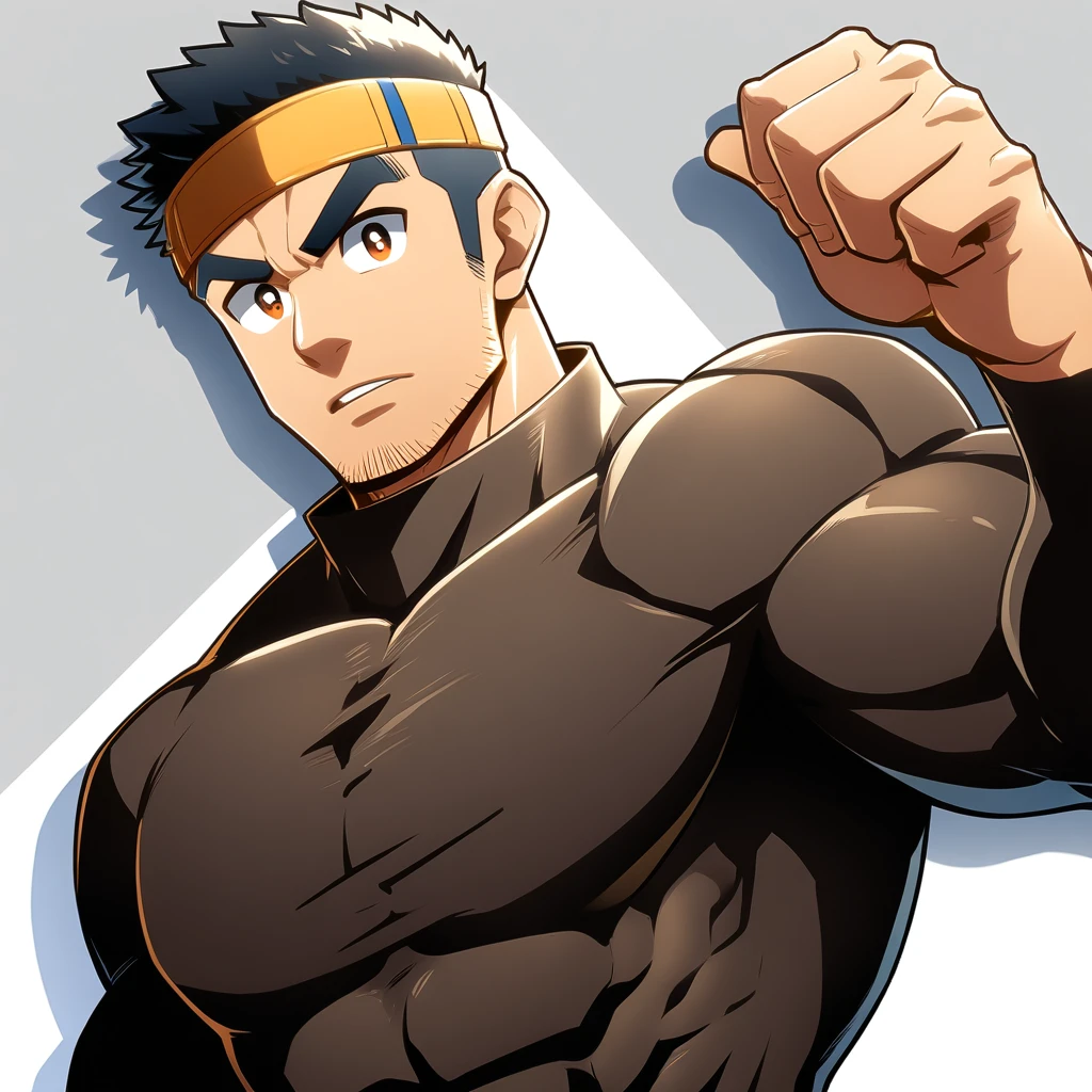 anime characters:Gyee, Muscle Sports Student, Manliness, sports headband, male focus, Cute boy with big eyes, Brown high collar long sleeve tight T-shirt, Slightly transparent material, Very tight, Round, full and perky chest muscles, Slightly transparent, muscular male, muscular, only, Upper body, alone, Black short hair, Thick eyebrows, stubble, Cute little eyes, Brown-red pupils, Grey background, simple background, amazing quality, best aesthetics, Ridiculous, crew cut, parted lips, v-shaped eyebrows, jitome, drop shadow, best quality