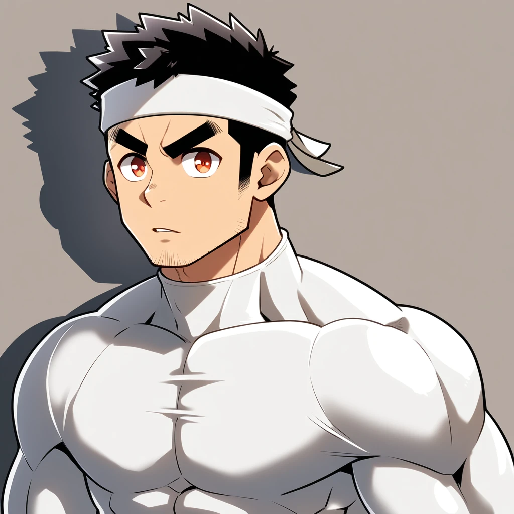 anime characters：Gyee, Muscle Sports Student, Manliness, sports headband, male focus, Cute boy with big eyes, Brown high collar long sleeve tight T-shirt, Slightly transparent material, Very tight, Round, full and perky chest muscles, Slightly transparent, muscular male, muscular, only, Upper body, alone, Black short hair, Thick eyebrows, stubble, Cute little eyes, Brown-red pupils, Grey background, simple background, amazing quality, best aesthetics, Ridiculous, crew cut, parted lips, v-shaped eyebrows, jitome, drop shadow, best quality