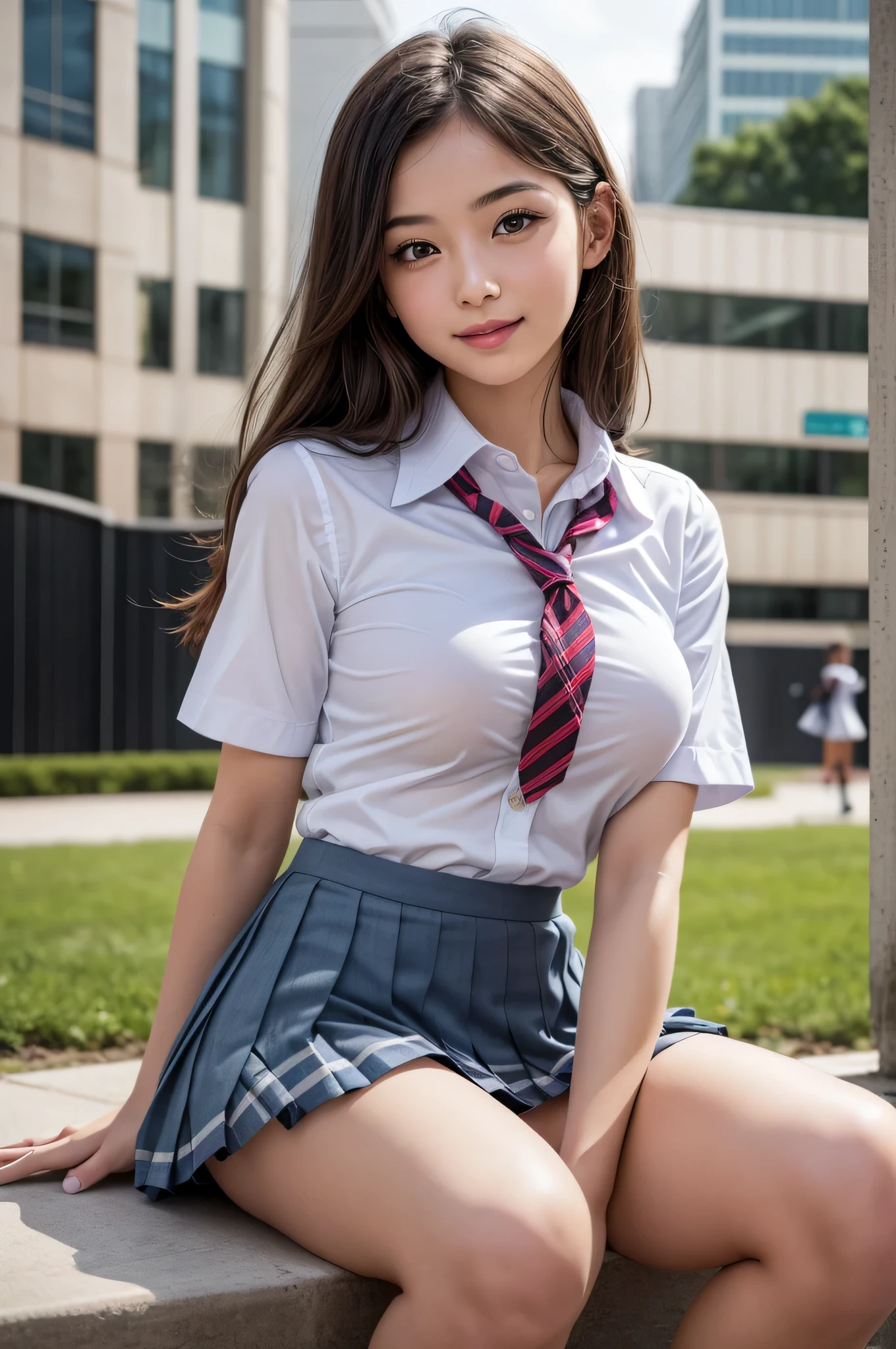 1girl, extremely cute face, Amazing face and eyes, (highly detailed eyes, highly detailed face), (hyper-realistic, hight resolution), (best Quality:1.4), Raw photo, (Realistic, Photorealsitic:1.37), Professional Photography, Cinematic Light, (lace bra:1.25), (amazing breasts:0.8), (school uniform, pleated mini skirt:1.5), (school uniform with open breasts), Smile slightly, Sitting, spread your legs wide open, Staring at me, outdoor, city, skyscraper,