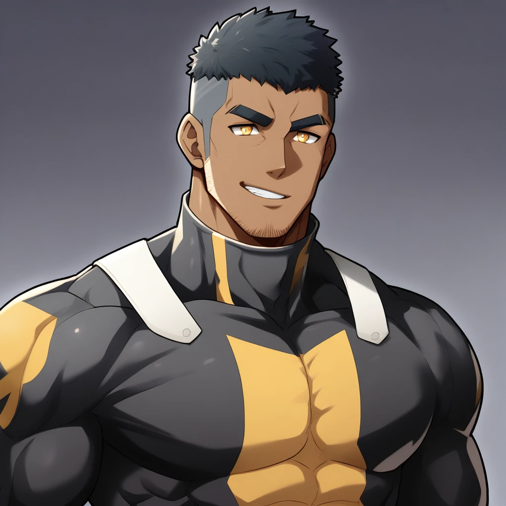 anime characters:Gyee, Muscle Sports Student, negro black skin, 1 dark skin muscular tough guy, Manliness, male focus, Dark grey high collar long sleeve wetsuit, Matte texture, Very tight, Round, full and perky chest muscles, Slightly transparent, muscular male, muscular, only, Upper body, alone, Black short hair, Thick eyebrows, stubble, Yellow eyes, Grey background, simple background, amazing quality, best aesthetics, Ridiculous, bright pupils, crew cut, parted lips, seductive smile, torogao, naughty face, best quality