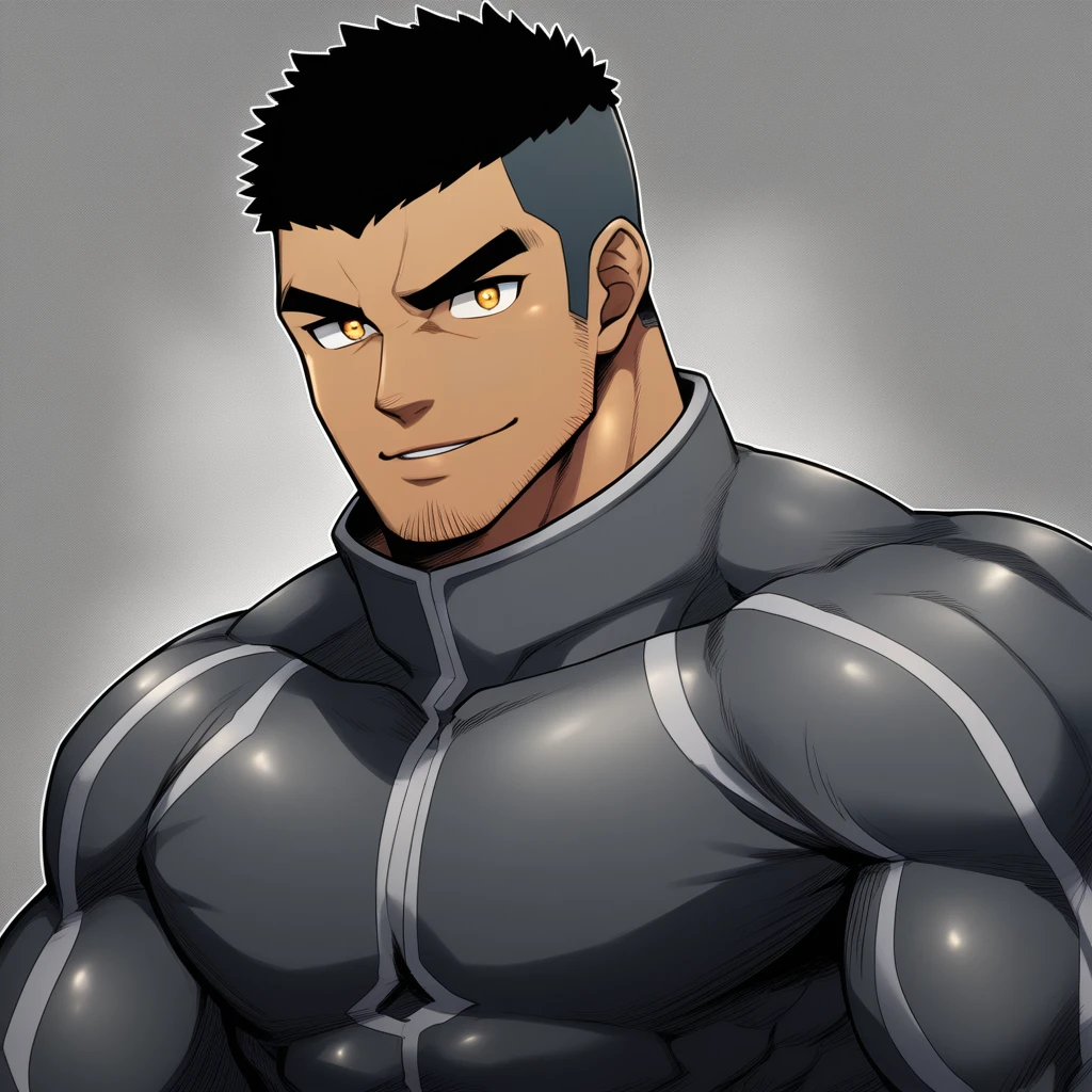 anime characters:Gyee, Muscle Sports Student, negro black skin, 1 dark skin muscular tough guy, Manliness, male focus, Dark grey high collar long sleeve wetsuit, Matte texture, Very tight, Round, full and perky chest muscles, Slightly transparent, muscular male, muscular, only, Upper body, alone, Black short hair, Thick eyebrows, stubble, Yellow eyes, Grey background, simple background, amazing quality, best aesthetics, Ridiculous, bright pupils, crew cut, parted lips, seductive smile, torogao, naughty face, best quality
