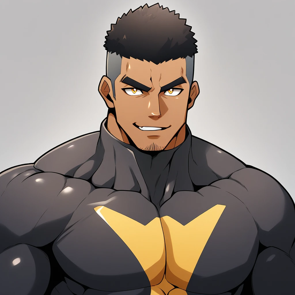 anime characters:Gyee, Muscle Sports Student, negro black skin, 1 dark skin muscular tough guy, Manliness, male focus, Dark grey high collar long sleeve wetsuit, Matte texture, Very tight, Round, full and perky chest muscles, Slightly transparent, muscular male, muscular, only, Upper body, alone, Black short hair, Thick eyebrows, stubble, Yellow eyes, Grey background, simple background, amazing quality, best aesthetics, Ridiculous, bright pupils, crew cut, parted lips, seductive smile, torogao, naughty face, best quality