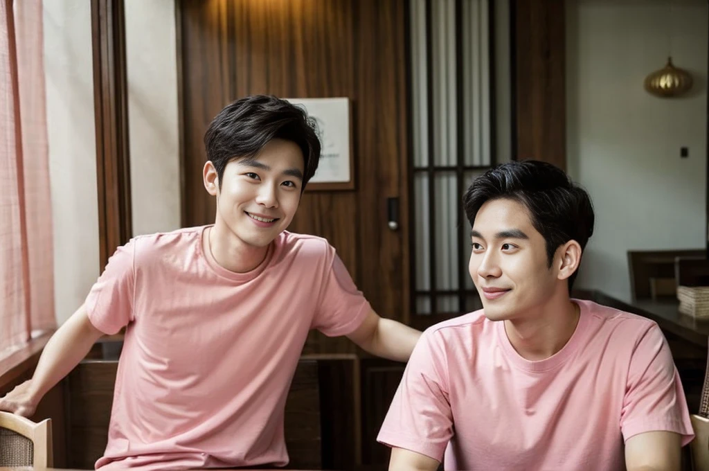 Korean man, Inspiration from Peng Yuyan, 30 years old, 236 years old, Cute Korean Face, 35 yo, 33 year old Korean muscular man,The dining room is in the back. pink t-shirt,