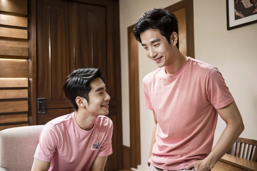 Korean man, Inspiration from Peng Yuyan, 30 years old, 236 years old, Cute Korean Face, 35 yo, 33 year old Korean muscular man,The dining room is in the back. pink t-shirt,