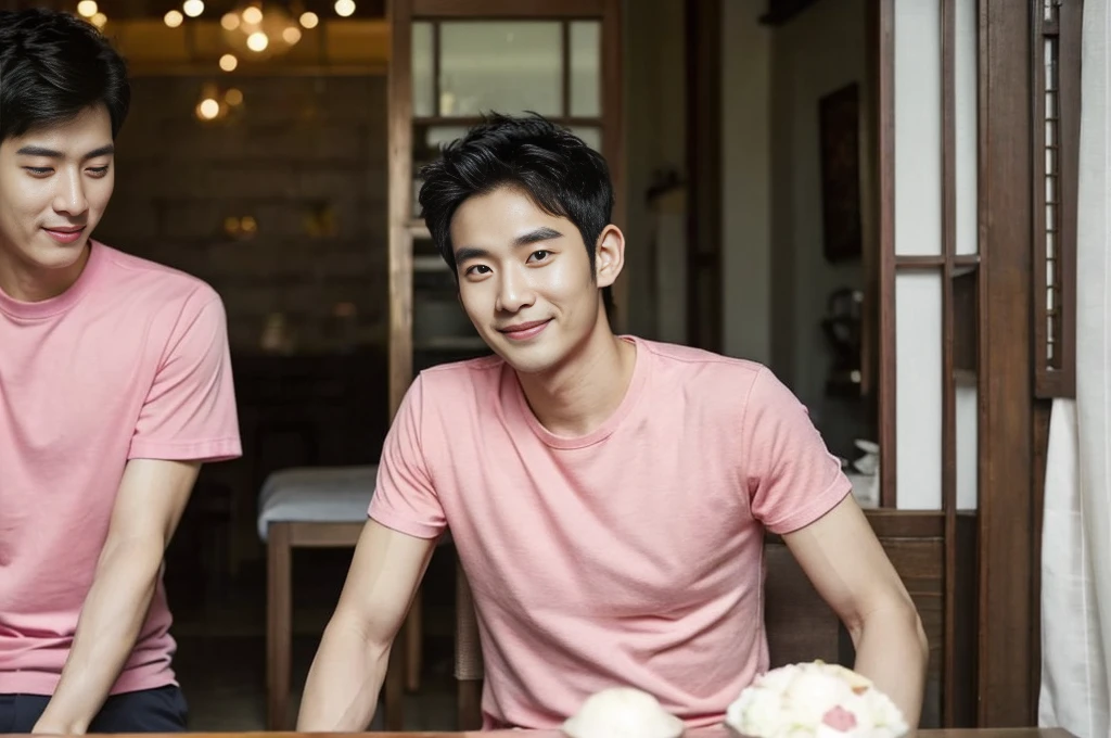 Korean man, Inspiration from Peng Yuyan, 30 years old, 236 years old, Cute Korean Face, 35 yo, 33 year old Korean muscular man,The dining room is in the back. pink t-shirt,